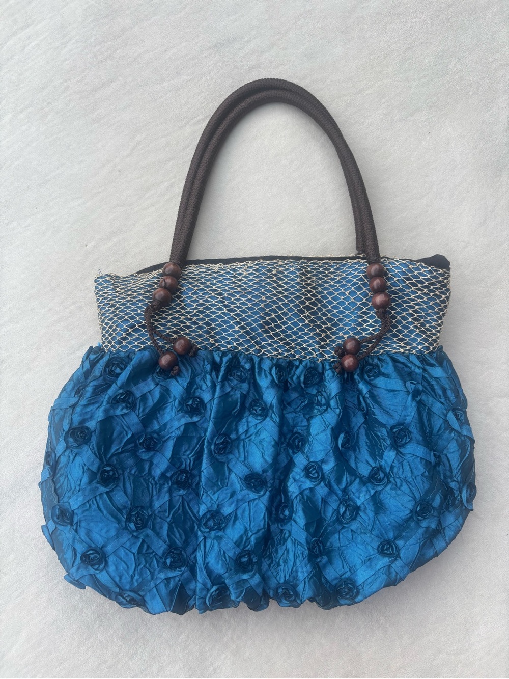 Thai Silk Blue Rosette Beaded Shoulder Bag Boho Y2K Purse